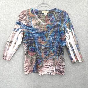 Jess & Jane‎ Womens Medium Blue Peacock Rhinestone Embellished 3/4 Sleeve Top